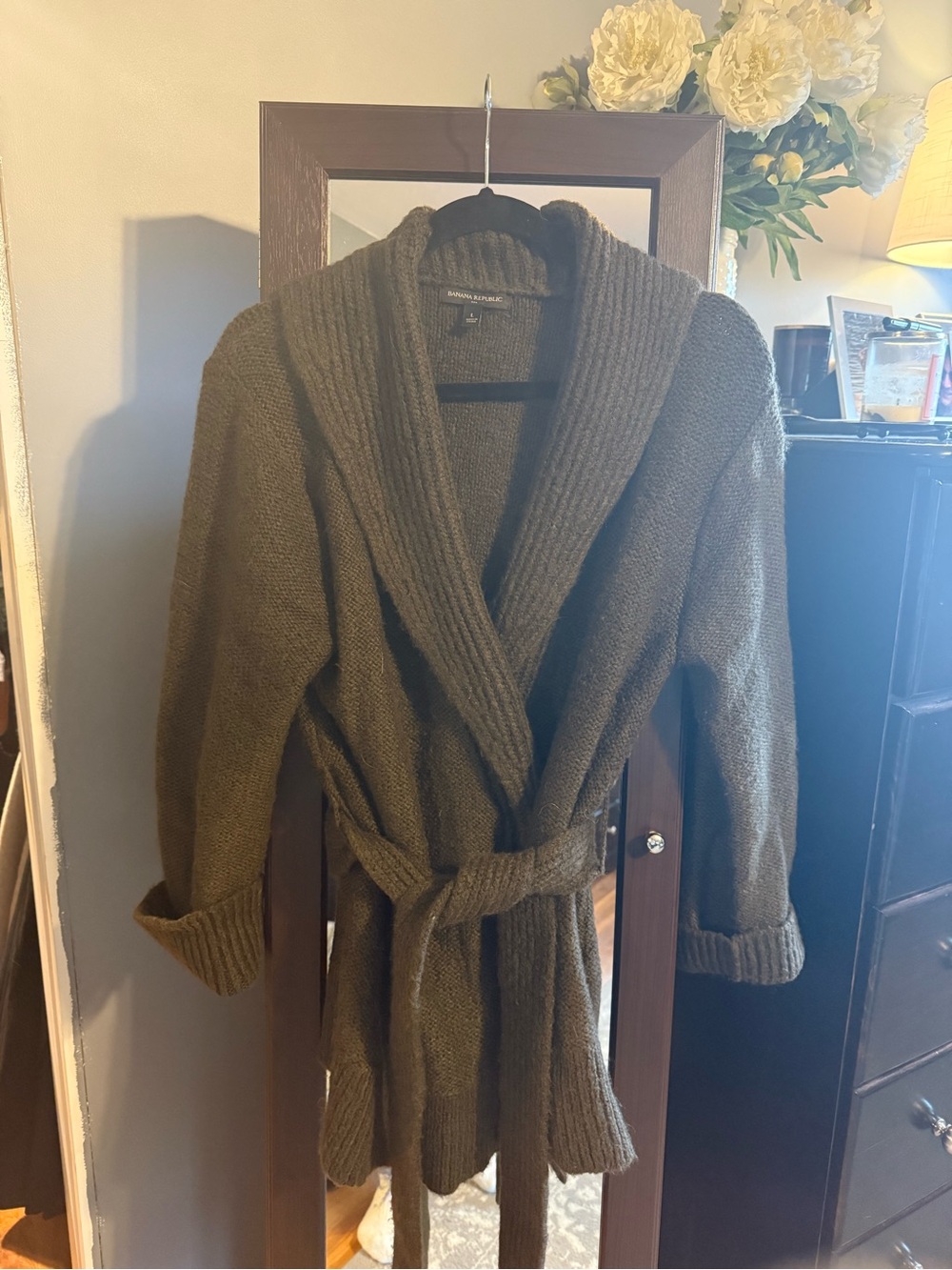 Banana Republic Olive Green Shawl-Collar Belted Cardigan